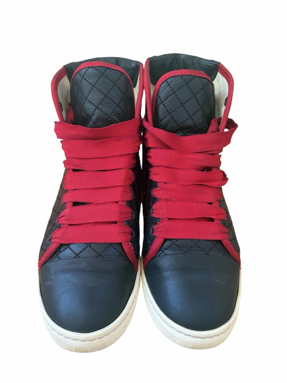 Lanvin Black Leather Quilted High-Top Sneakers Red Grosgrain Laces Women’s 8